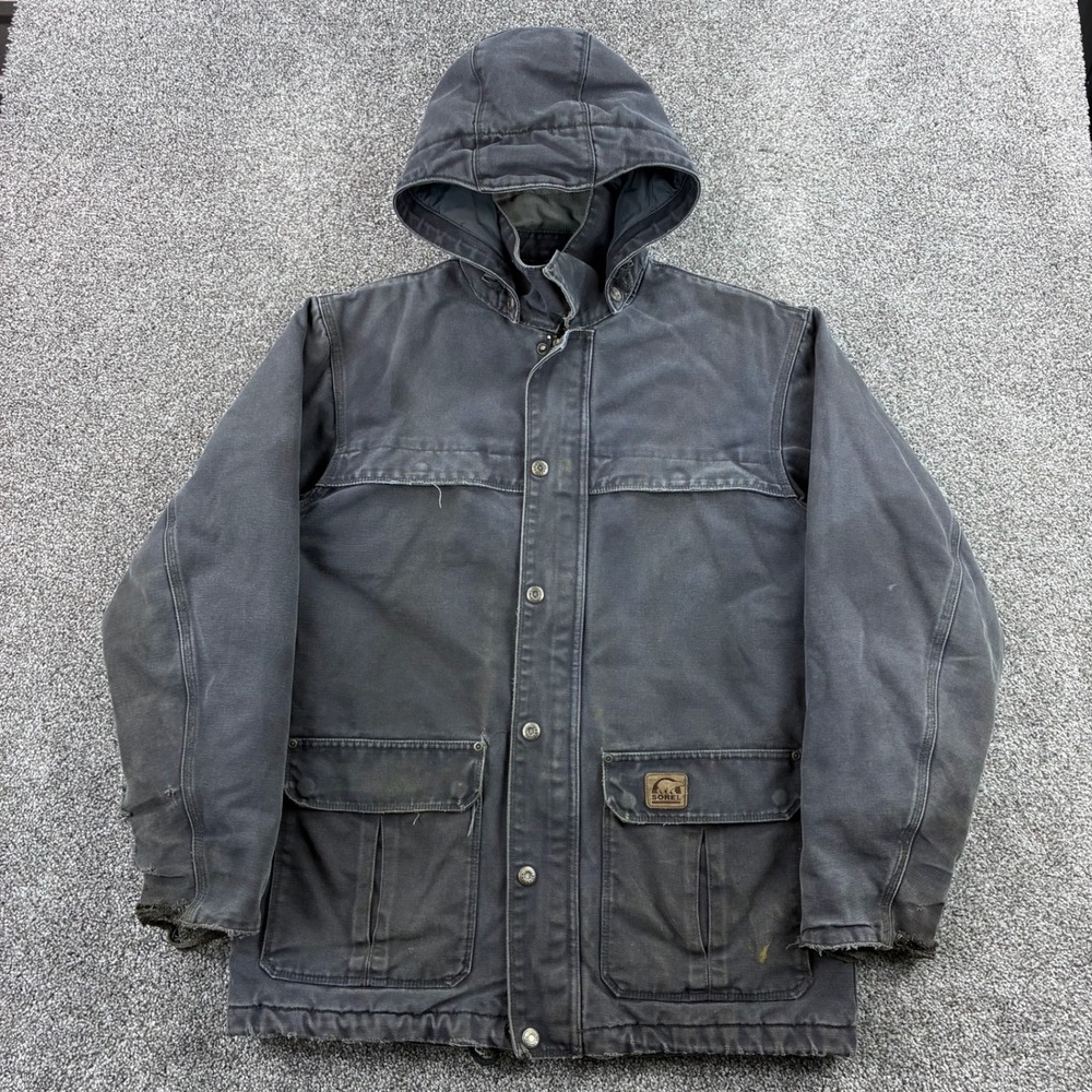 Vintage Sorel Work Jacket Men's Medium Gray Insulated Hooded Quilted‎ Lined